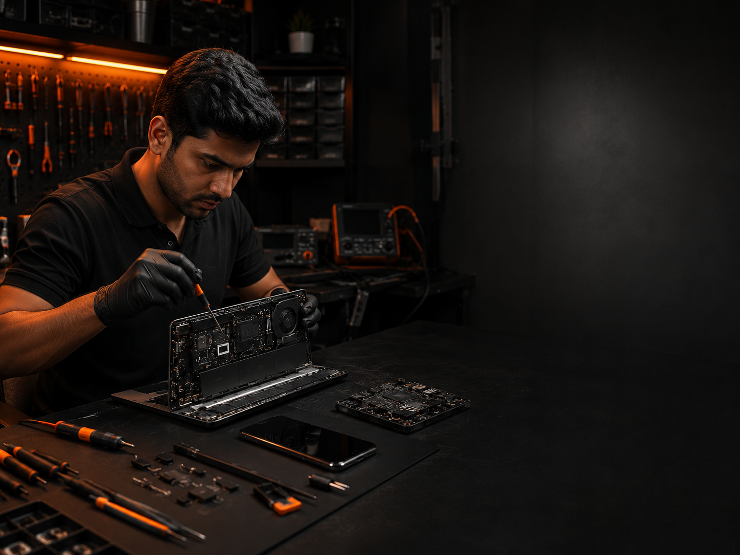 THELAPX certified technician repairing laptop motherboard with precision diagnostic tools at workstation