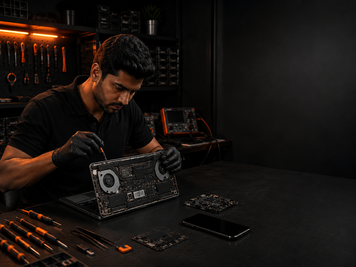 Laptop repair technician working on motherboard and keyboard replacement