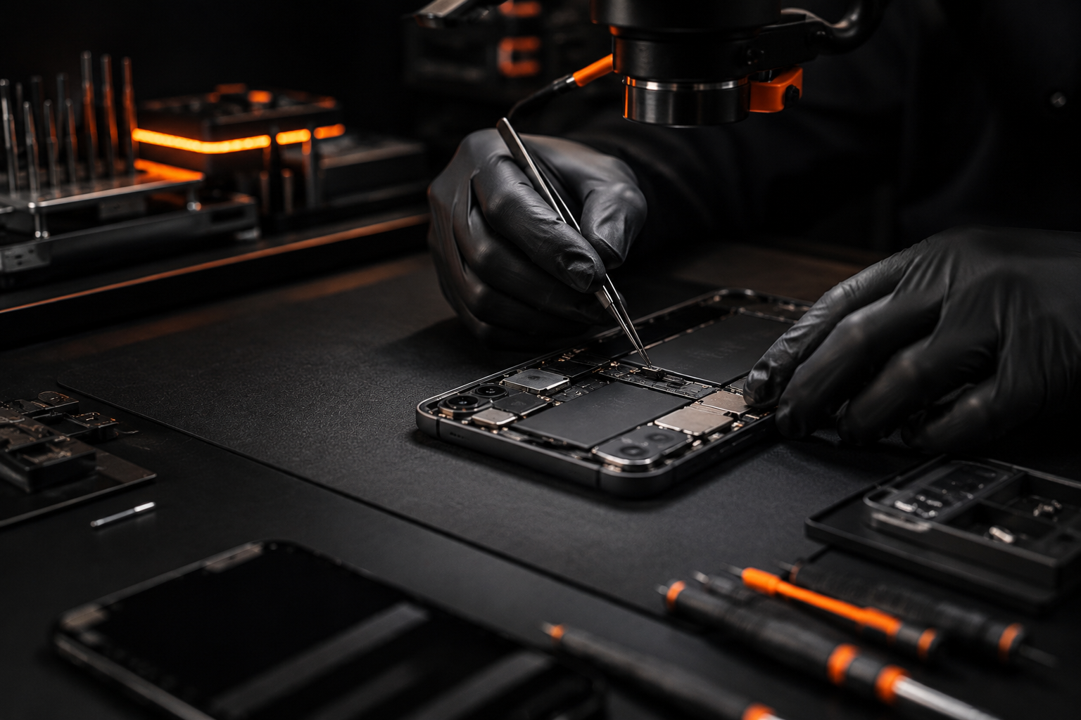 Smartphone screen and battery replacement under repair tools